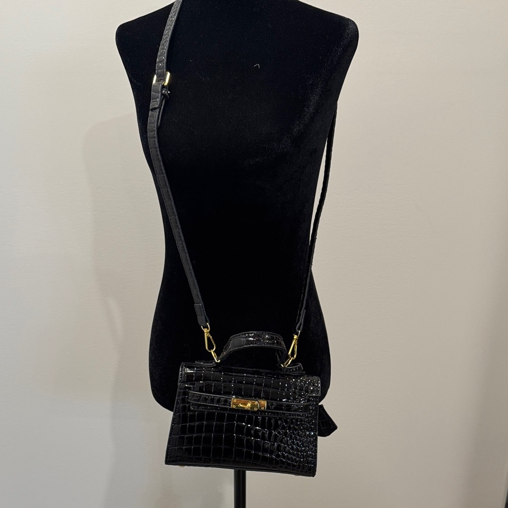 Black Croc-Embossed Wirkin Top Handle Crossbody Bag